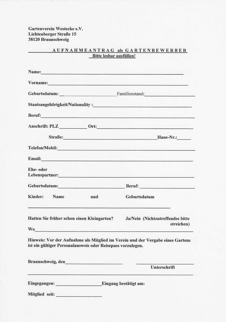 Aufnahmeantrag als Gartenbewerber